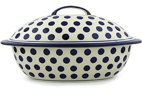 Polish Pottery Baker with Cover 16-inch Bold Blue Dots N5