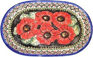 Boleslawiec Stoneware - Polish Pottery 10.75" Oval Serving Platter - Eva's Collection "Red Garden" N2