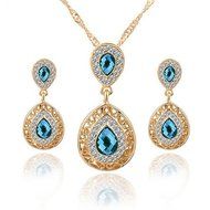 Blue Women Wedding Polished Chain Necklace Waterdrop Crystal Earrings Jewelry Set