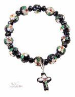 Flowers Beads Black Color Bracelet With Crystals &amp; Cross Stretchable Jerusalem