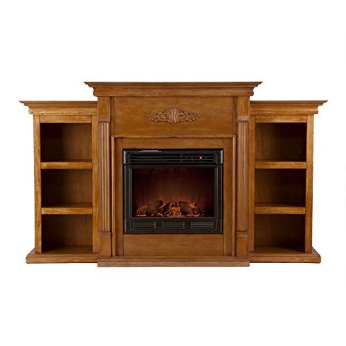 Electric Fireplace with Bookcases and storage Heater Glaxed Pine Finish