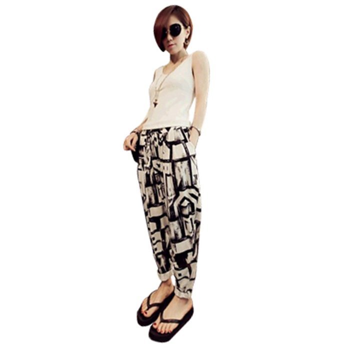 Yaheeda Women's Casual Print Flower Elastic Waistband Wide Leg Narrow Feet Long Chiffon Pants Trousers