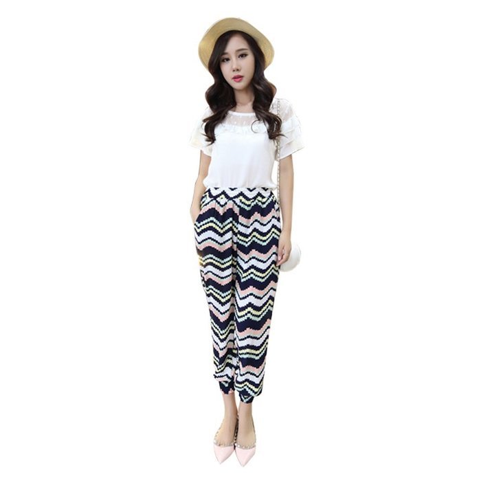 Yaheeda Women's Casual Print Flower Elastic Waistband Wide Leg Narrow Feet Long Chiffon Pants Trousers N2