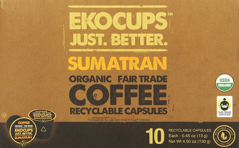 EKOCUPS Artisan Organic&nbsp;Sumatran Coffee, Dark roast, in Recyclable Single Serve Cups for Keurig K-cup Brewers,... N2