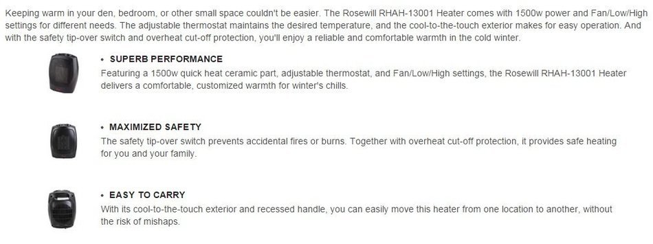 Rosewill RHAH-13001 1500W Quick Heat Ceramic Heater with Safety Tip Over Switch