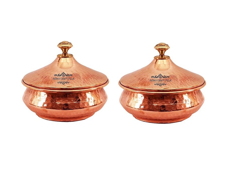 IndianCraftVilla 4.0" X 4.8" X 2.0" Handmade Steel Copper Mughlai handi Set of 2 Volume 300 ML With Lid serving... N2