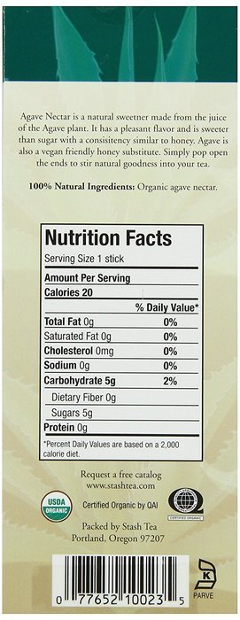Stash Tea Organic Agave Nectar Sticks, 20 Count Stick N2