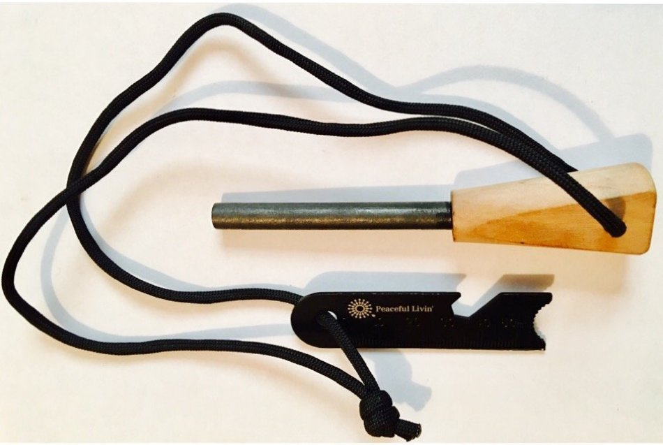 Peaceful Livin' Magnesium Fire Starter with Wood Handle and Steel Striker/Ruler/Bottle Opener - Ferrocerium Ferro... N3