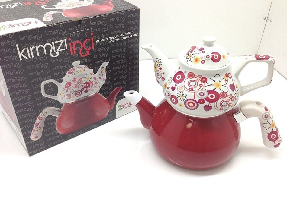 3 Pieces Tea Kettle Set-Family Size,Enamel,Stove Top, Tugra Kirmizi Inci N2