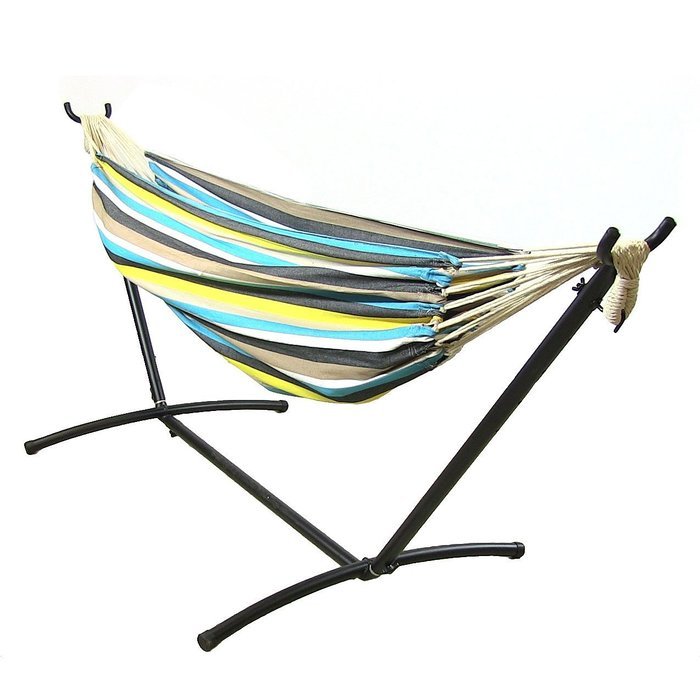 Sunnydaze Premium 100 % Natural Tightly Woven Cotton Double Brazilian Hammock and Stand Set, Ocean View, 400 Pound...