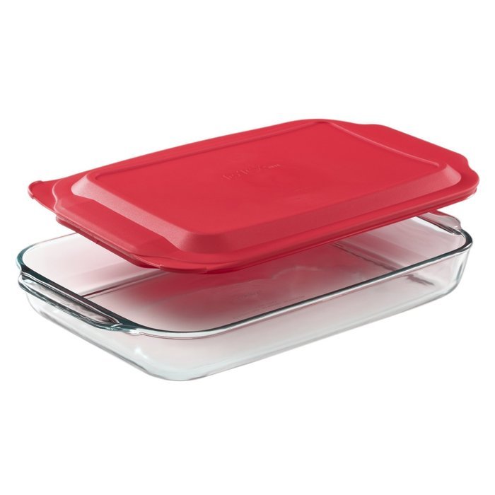 Baking Dish with Red Plastic Cover, Non-Porous Glass, 4-Quart, Clear