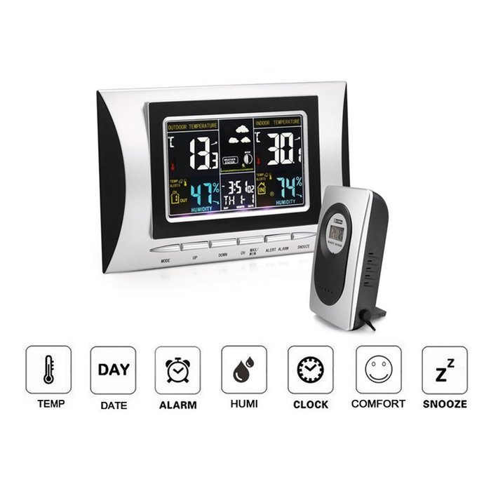 Qooltek Multi-functional Digital Color LCD Screen Indoor/Outdoor 433MHz Wireless Weather Forecast Station Clock... N4