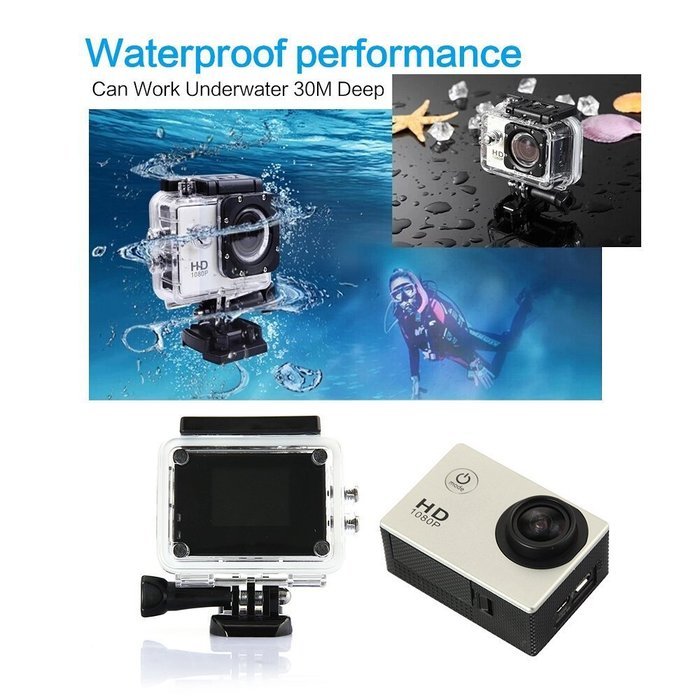 Mira-Tech Waterproof Action Camera 12MP 1080P HD with 2 Batteries and Free Accessories Kit (Silver) N4