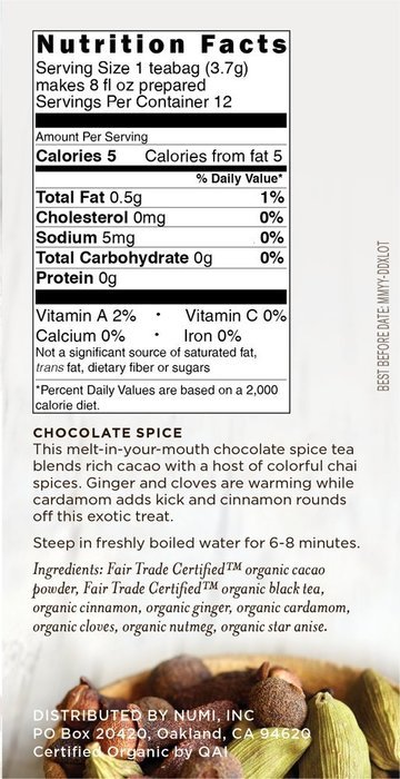 Numi Organic Indulgent Tea, Chocolate Rooibos, Caffeine Free Herbal Teasan, 12 Count Tea Bags (Pack of 3)