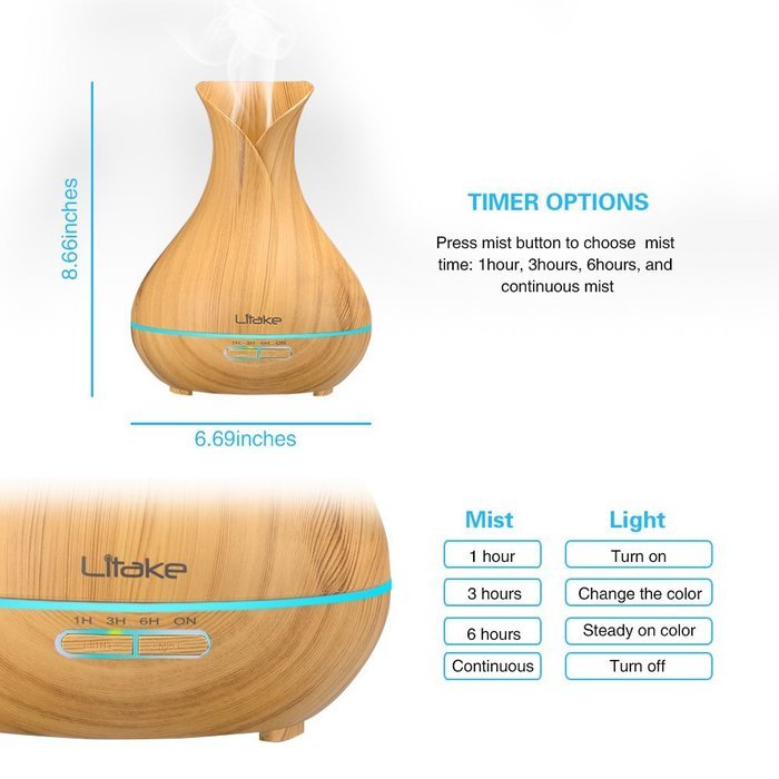 Litake 400ml Cool Mist Air Humidifier Ultrasonic Aroma Essential Oil Diffuser Wood-Grain Whisper Quiet Operation... N5