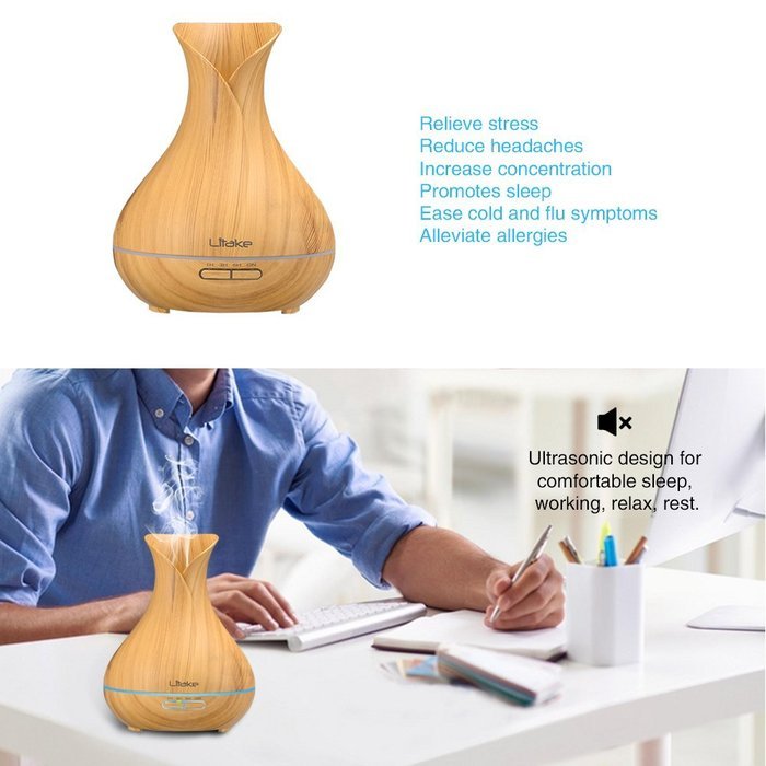 Litake 400ml Cool Mist Air Humidifier Ultrasonic Aroma Essential Oil Diffuser Wood-Grain Whisper Quiet Operation... N6