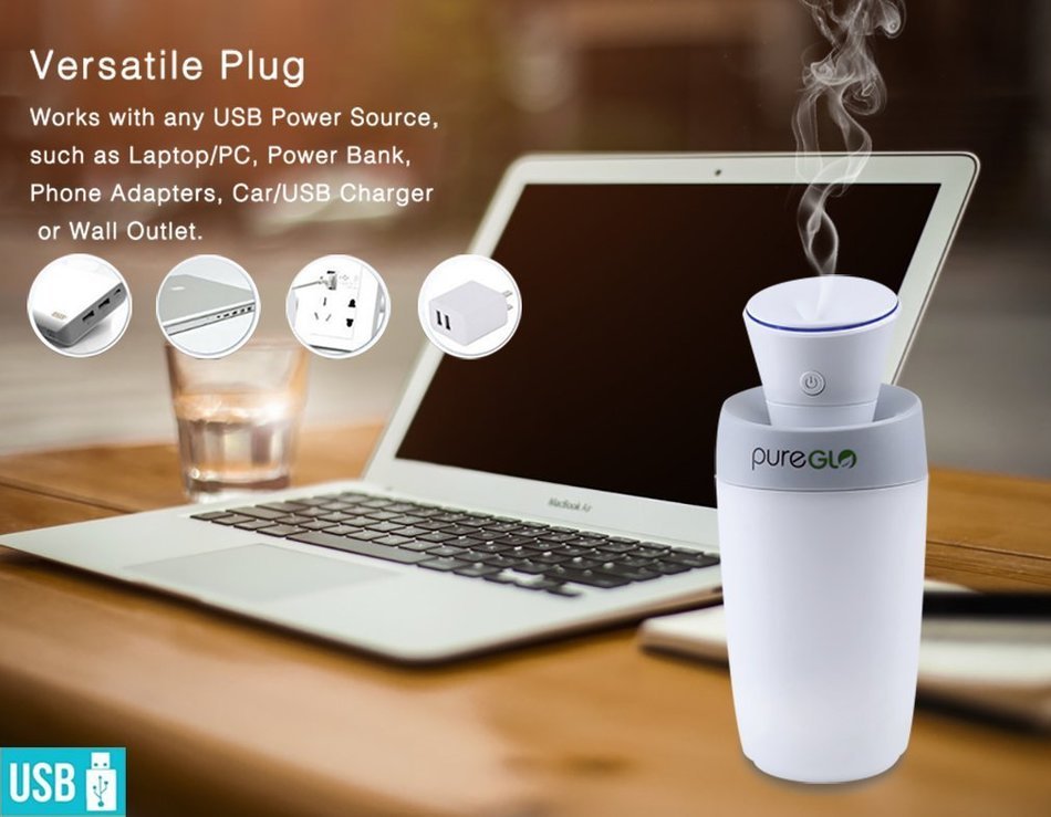 pureGLO USB Mini Humidifier - 250ML Ultrasonic Cool Mist Travel Portable Air Purifier - Quiet Personal Humidifier... N8