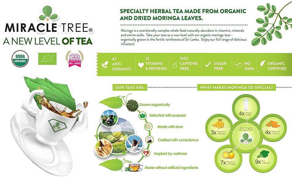 Miracle Tree - Organic Moringa Superfood Tea, 25 Individually Sealed Tea Bags, Mango N11