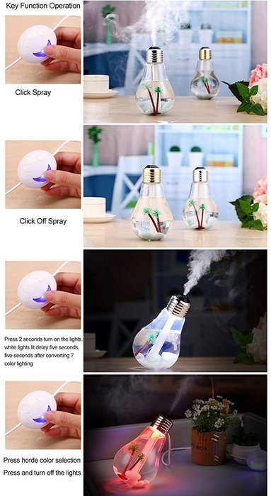 TEKCAM 400ml 7 Color Changing Cool Mist LED Night Lights Bulb Humidifier Bulb Shape Air Humidifier Diffuser with... N2