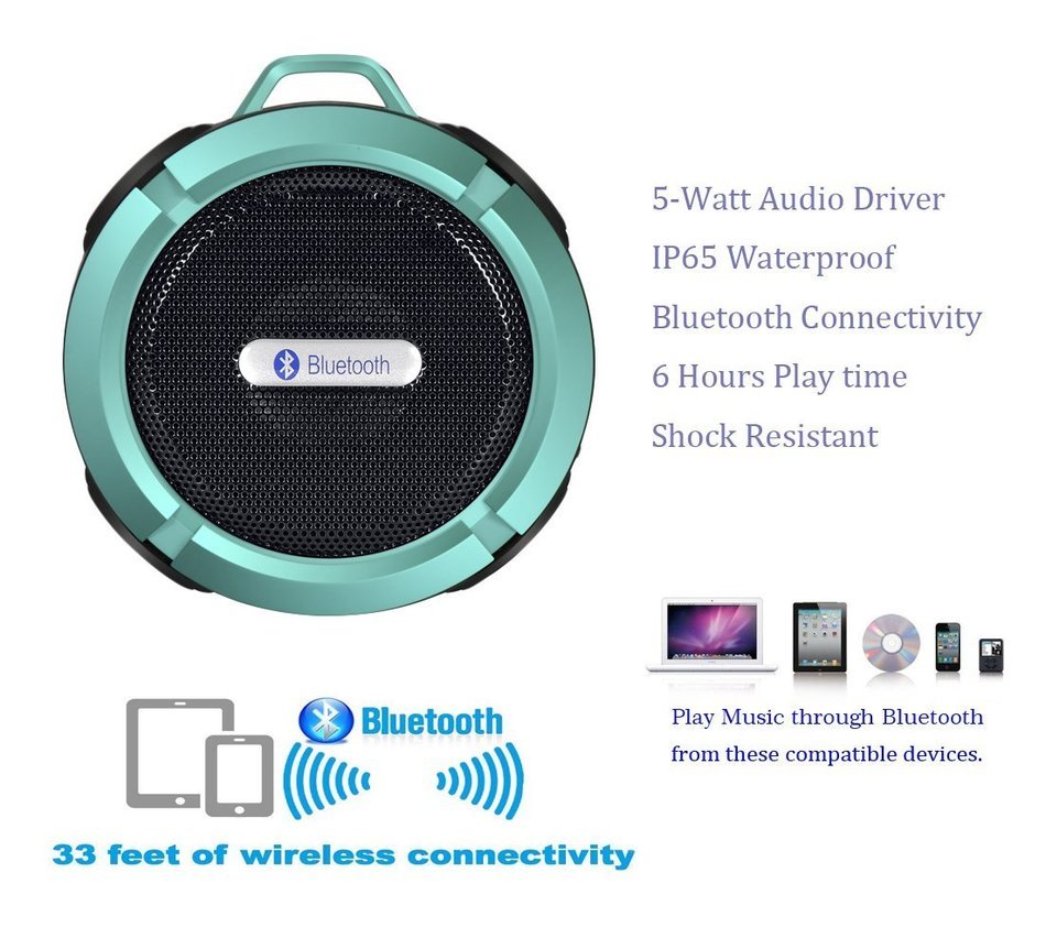 Qadira C-6 Portable Outdoor and Shower Bluetooth Speaker with Mic/Suction Cup/5W Audio Driver/Built-in Battery-Blue N3