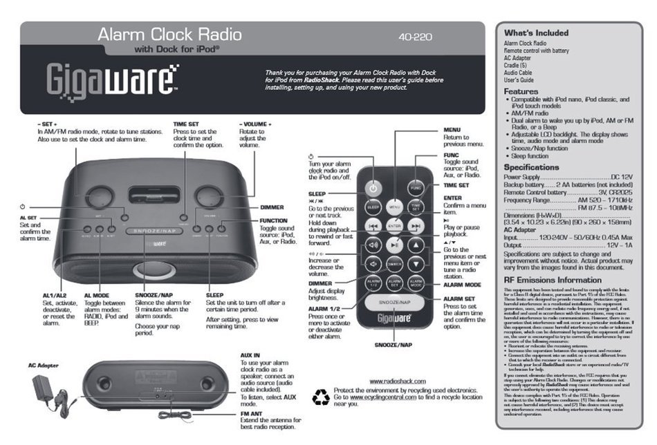 Gigaware Alarm Clock Radio with Dock for iPod - with Adjustable LCD Backlight (40-220) N3