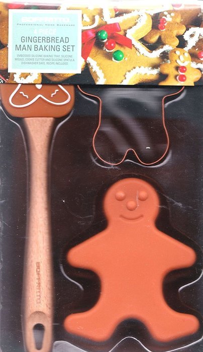 4 Piece Gingerbread Man Baking Set Includes a 9 Hole Gingerbread Man Silicon Baking Tray, Wooden Spatula, Gingerbread... N2
