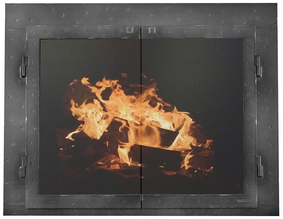 Ironhaus Iron Fireplace Glass Door with Gate Mesh with 4" Frame In Hammered Grained Pewter Finish, Fullview Design...