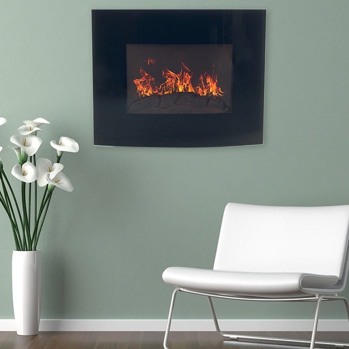 Black Curved Glass Electric Fireplace Wall Mount & Remote 25 x 20 Inch 1500W