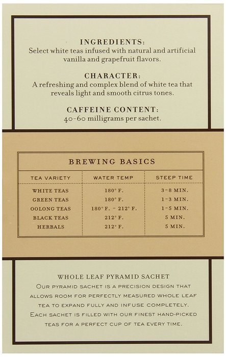 Harney & Sons White Tea, Vanilla Grapefruit, 20 Sachets (Pack of 6)