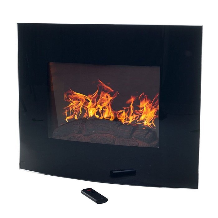 Black Curved Glass Electric Fireplace Wall Mount & Remote 25 x 20 Inch 1500W N2