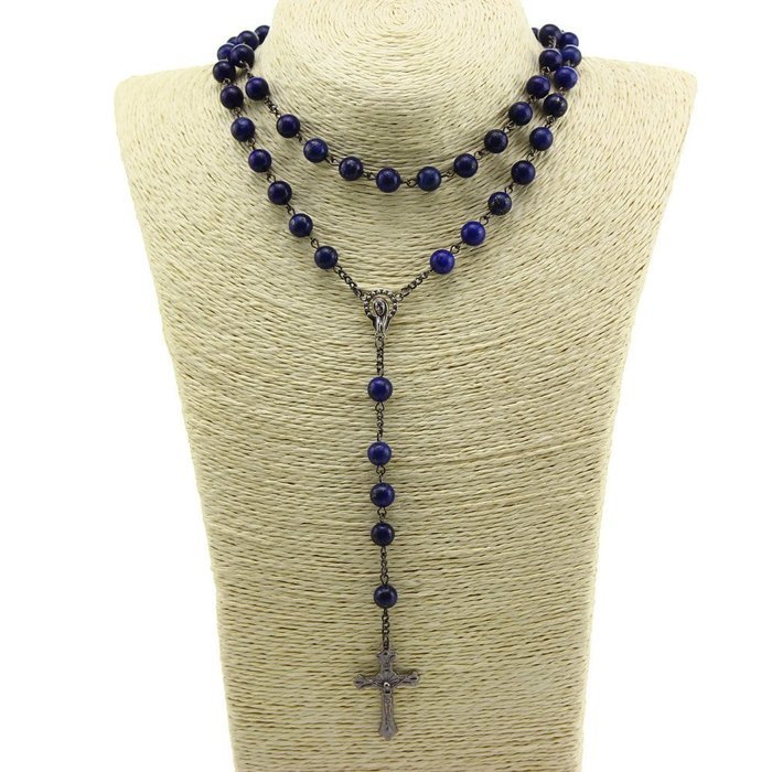 Unique Lapis lazuli Nature Stone Beads Rosary Catholic Necklace Holy Medal & Cross