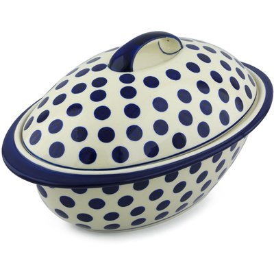Polish Pottery Baker with Cover 16-inch Bold Blue Dots