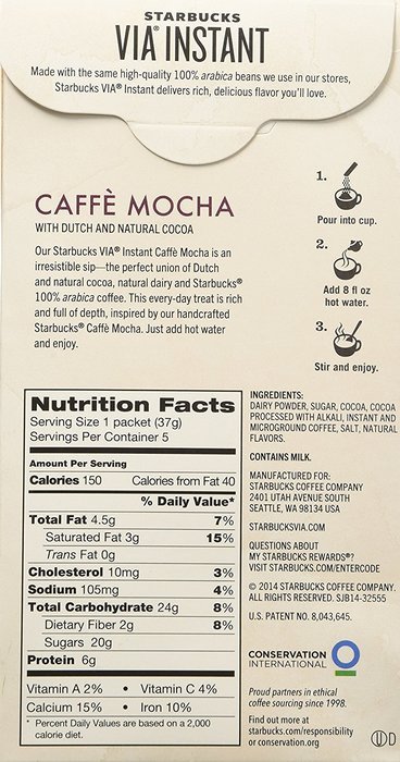 Starbucks VIA Latte - Caffe Mocha (5 Single Serve Packets) net weight 6.53 oz (185g) N2