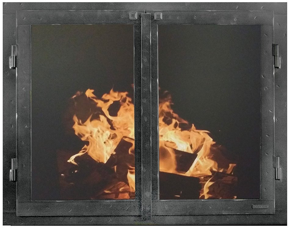 Ironhaus Iron Fireplace Glass Door with Gate Mesh with 2 1/2" Frame In Hammered Grained Pewter Finish, Cabinet...