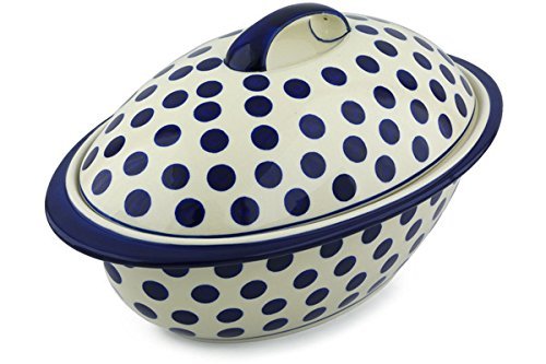 Polish Pottery Baker with Cover 16-inch Bold Blue Dots N2