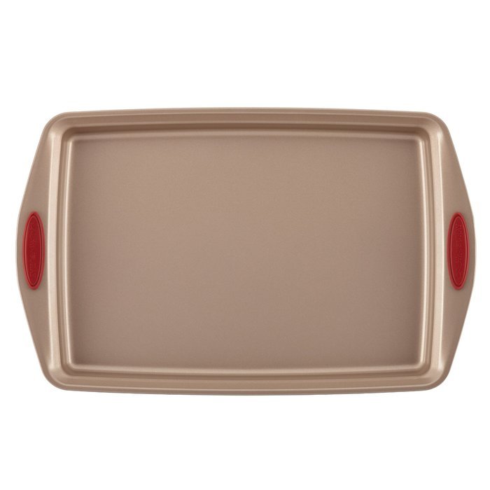 Rachael Ray 10-Piece Cucina Nonstick Bakeware Set, Latte Brown with Cranberry Red Handle N5