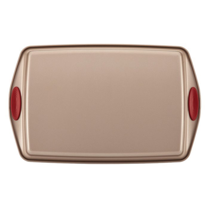 Rachael Ray 10-Piece Cucina Nonstick Bakeware Set, Latte Brown with Cranberry Red Handle N6