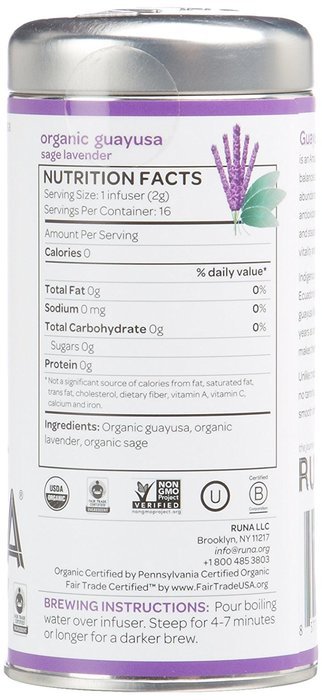 RUNA Amazonian Awakening the Dreamer Guayusa Tea Tin, Sage and Lavendar, 16-Count Biodegradable Pyramid Infusers N2