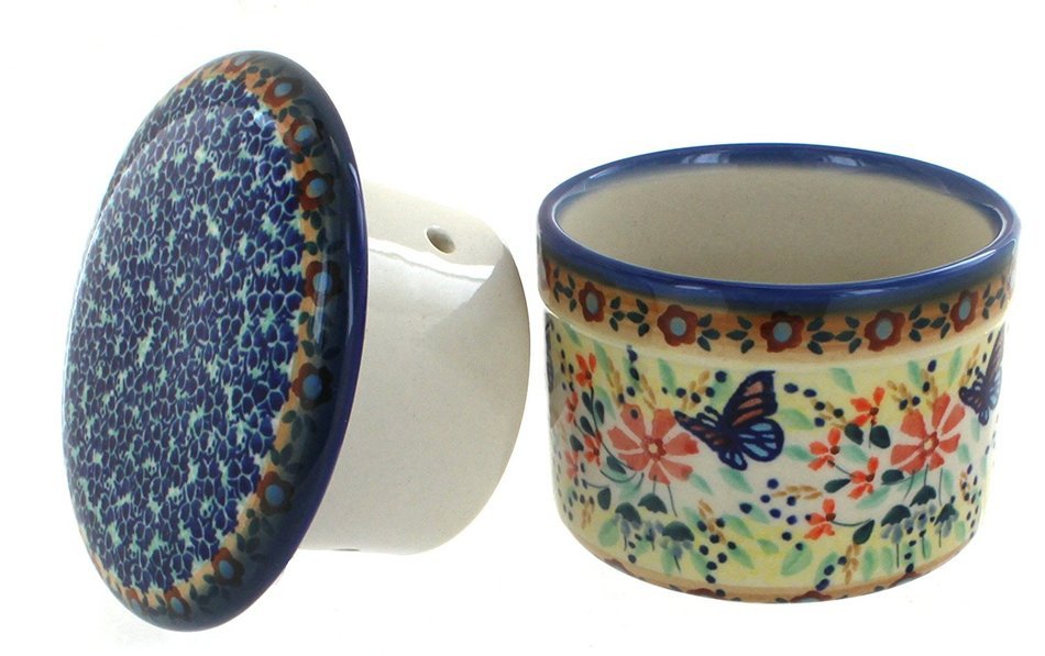 Polish Pottery Blue Butterfly French Butter Dish N2