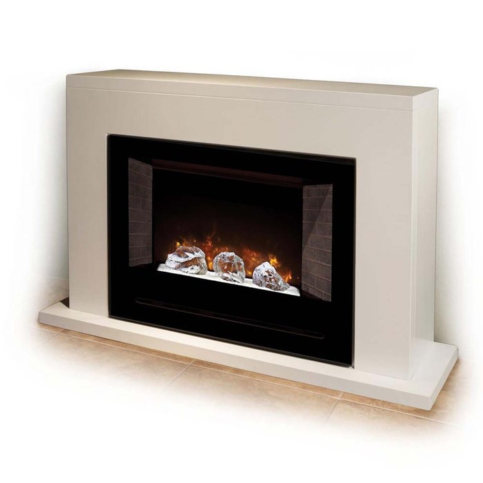 Modern Flames Home Fire Series Electric Fireplace with Glass Set, Red Straight Side Panels, and White Cabinet N5