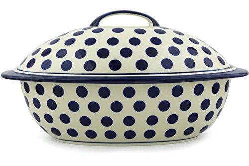Polish Pottery Baker with Cover 16-inch Bold Blue Dots N5