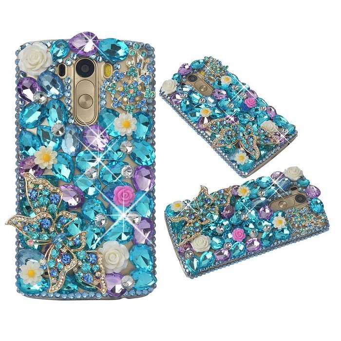 Spritech(TM) Clear Hard Bling Phone Case for LG G Stylo 2 LS775/LG Stylus 2 K520,Handmade Blue Crystal White Flower... N10