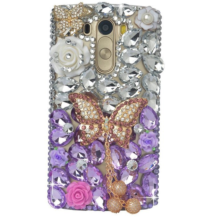 Spritech(TM) Clear Hard Bling Phone Case for LG G Stylo 2 LS775/LG Stylus 2 K520,Handmade Blue Crystal White Flower... N14