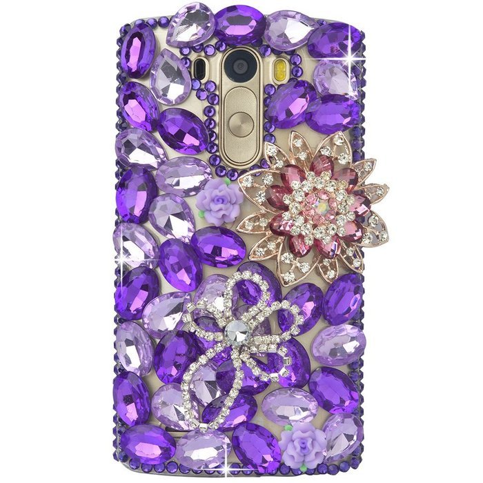 Spritech(TM) Clear Hard Bling Phone Case for LG G Stylo 2 LS775/LG Stylus 2 K520,Handmade Blue Crystal White Flower... N19