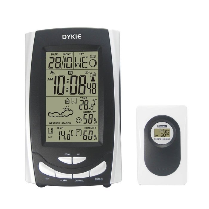 DYKIE Wireless Weather Station with Digital Alarm Clock Thermometer Hygrometer Transmitter RS8709E