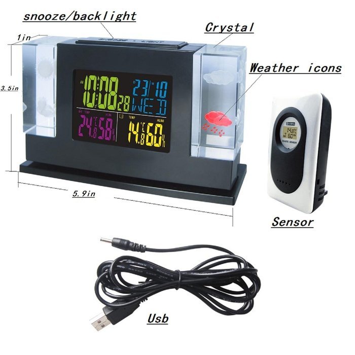 Wireless Weather Station Digital Desk Alarm Clock LED Backlight/Color Indoor Temperature Humidity Day Date Display N3