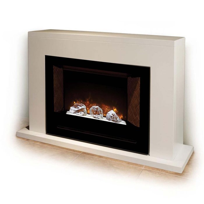 Modern Flames Home Fire Series Electric Fireplace with Glass Set, Red Straight Side Panels, and White Cabinet N6