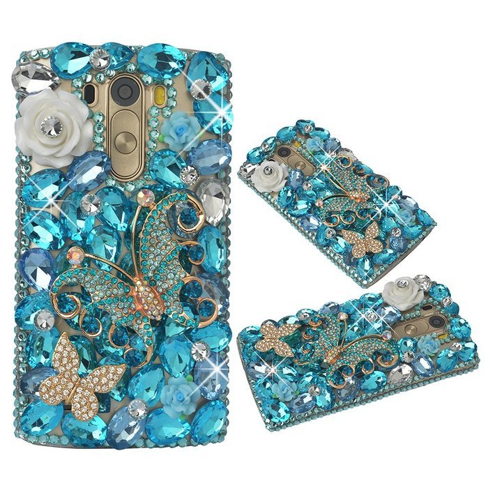 Spritech(TM) Clear Hard Bling Phone Case for LG G Stylo 2 LS775/LG Stylus 2 K520,Handmade Blue Crystal White Flower... N26