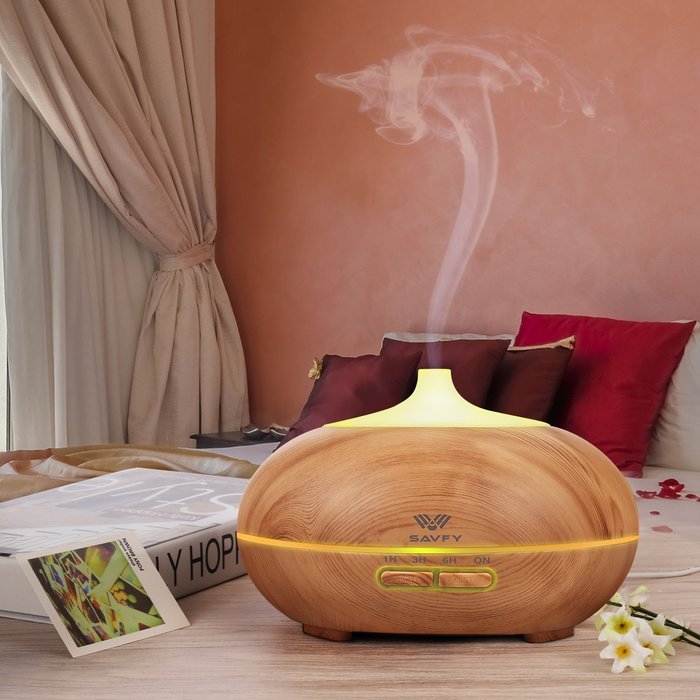 SAVFY 100ml Aromatherapy Essential Oil Diffuser Wood Grain Design with 7 Color LED Lights Changing and Waterless... N10