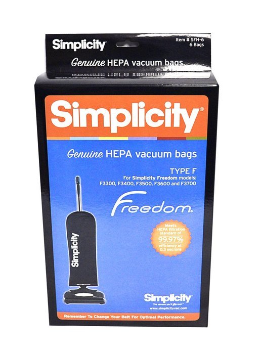 6-Pack Simplicity Genuine HiFlow HEPA Bags for: Freedom/Riccar Models #F3300, F3400, F3500, F3600, & SF1